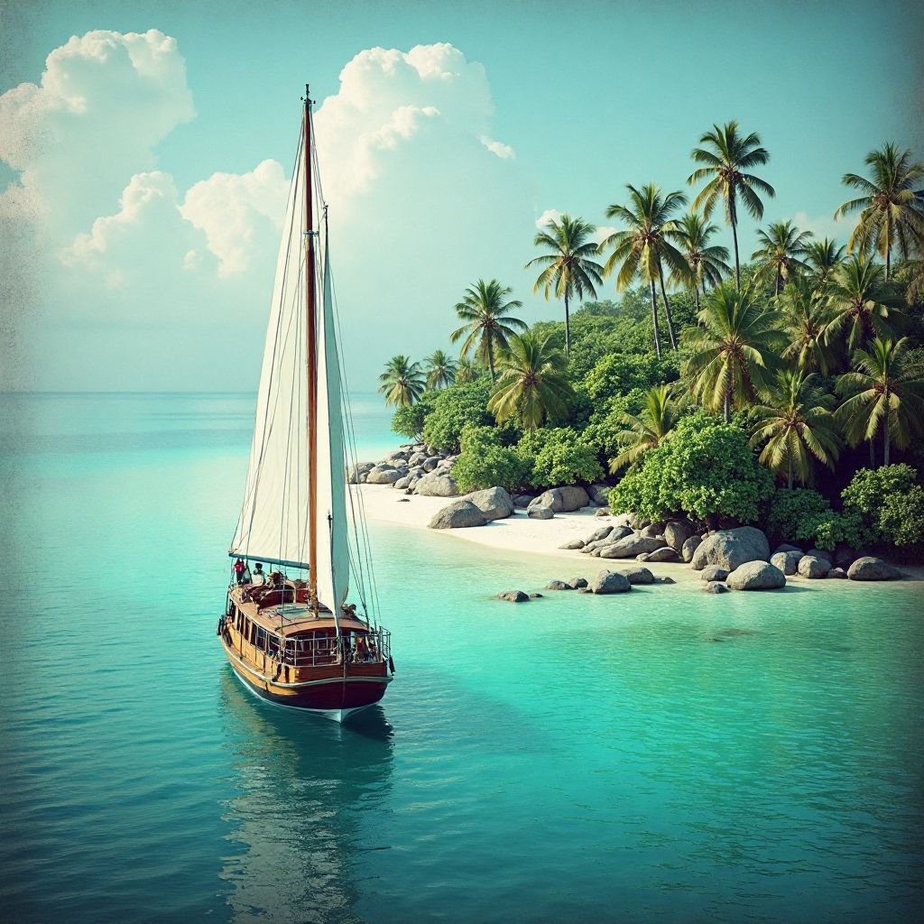 Ship anchored by tropical island
